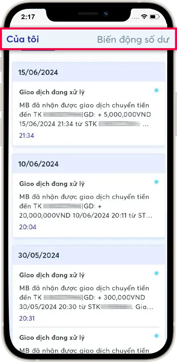 Bước 2 : Kiểm tra hóa đơn ở mục " Của Tôi " hoặc " Biến Động Số Dư "